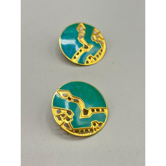 Berebi Earrings Gold Tone and Teal Blue Enamel Pierced Round Stud Earrings - Picture 2 of 6